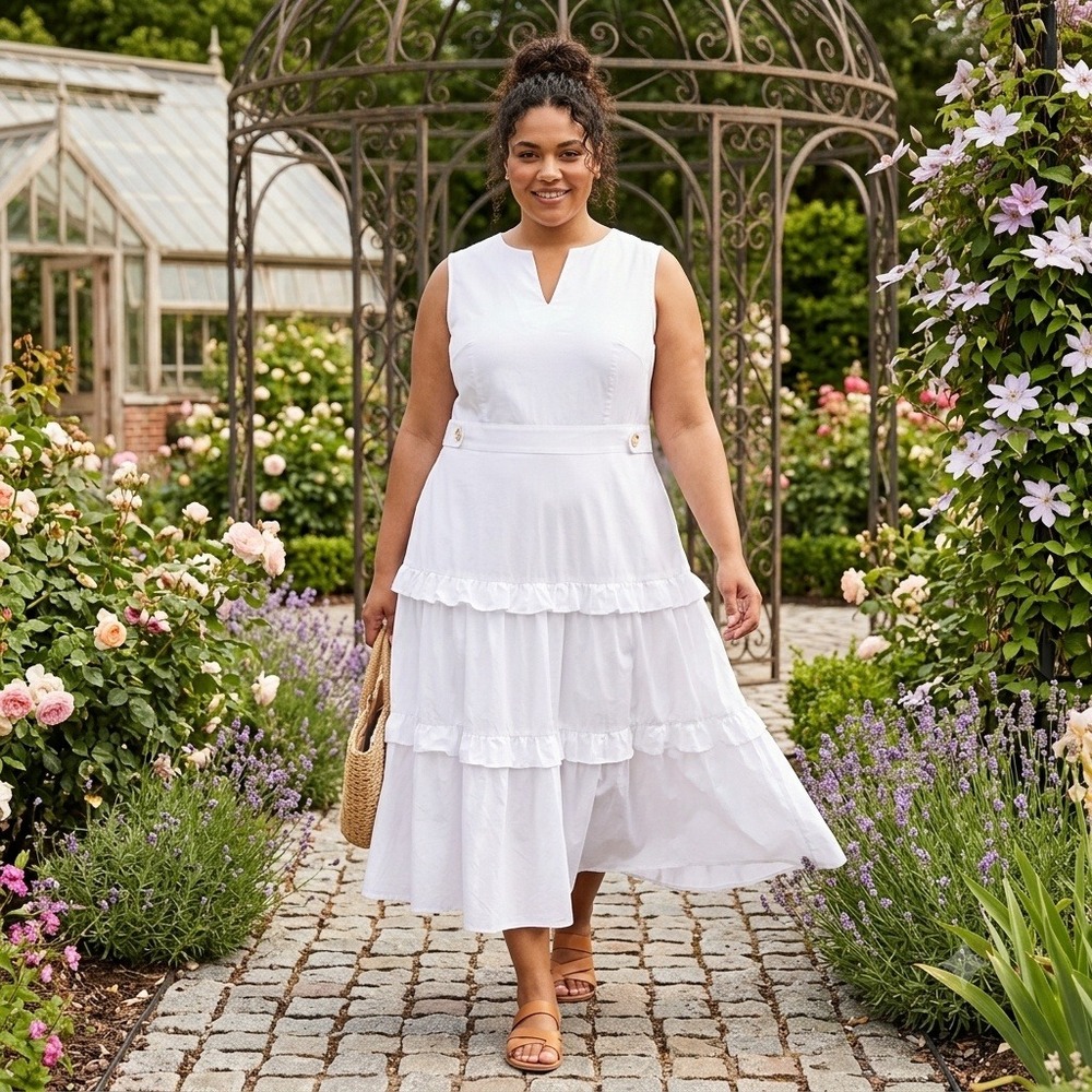 OSHOPLIVE Women's 4XL White 100% Cotton Tiered Ruffle Maxi Dress Sleeveless NWT